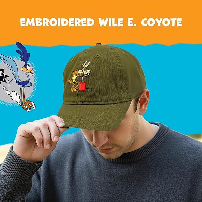 Looney Tunes Baseball Cap, Wile E. Coyote and Road Runner Adult Adjustable Cotton Dad Hat with Curved Brim for Men and Women, Olive, One Size