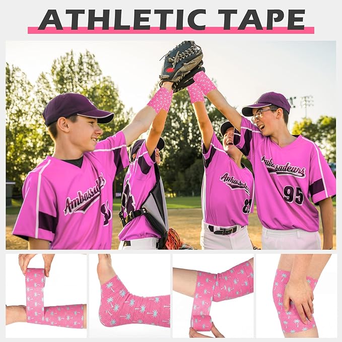 TrelaCo 1 Pcs Wrist Tape Baseball Cross Christian Athletic Tape 2in x 23ft Sports Wrap Cotton for Football Hockey Soccer Baseball Fingers Ankles Wrist Injury Wrap (Coconut Tree,Pink)