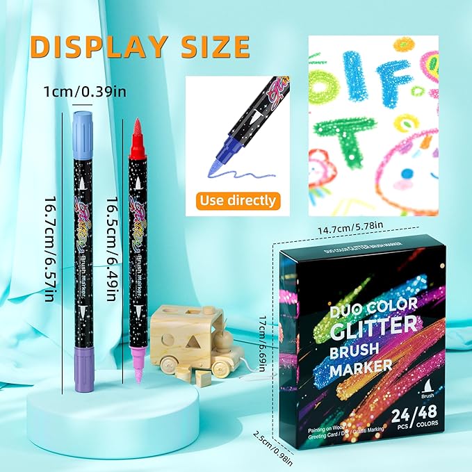 48 Colors Dual-tip Watercolor Markers, 24 Pack Glitter Brush Markers, - Image 4