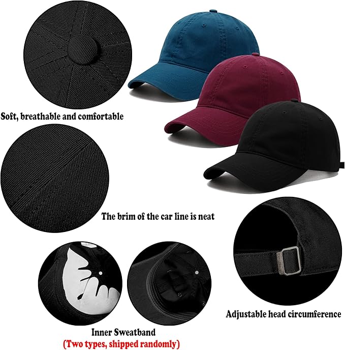 3 Pack Washed Plain Vintage Baseball Cap Cotton Adjustable Twill Bulk Low Profile Classic Dad Hat for Men/Women