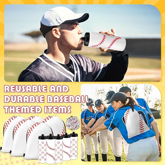 24 Pcs Baseball Party Favors Team Gifts Set 12 Baseball Water Bottle 12 Baseballs Drawstring Bags and 50 Sticker 20 Oz Reusable Squeeze Bottle Bulk Goodies Bag for Party Supplies Sport Event Bike