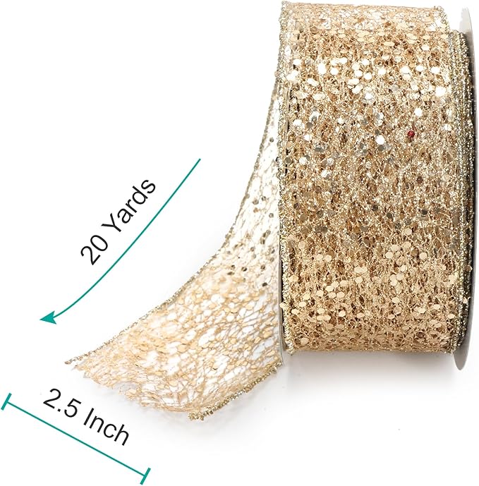 CT CRAFT LLC Sparkling Glitter Mesh Wired Ribbon 2.5" x 20 Yards Champagne Gold - Image 2