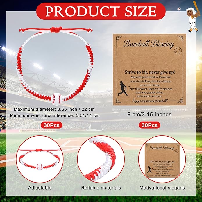 Tondiamo 60 Pcs Baseball Gift Set 30 Baseball Braided Bracelets 30 Inspirational Message Cards Adjustable Sports Wristbands Sports Party Favors Charm Bracelets for Sport Lover Fans Teams
