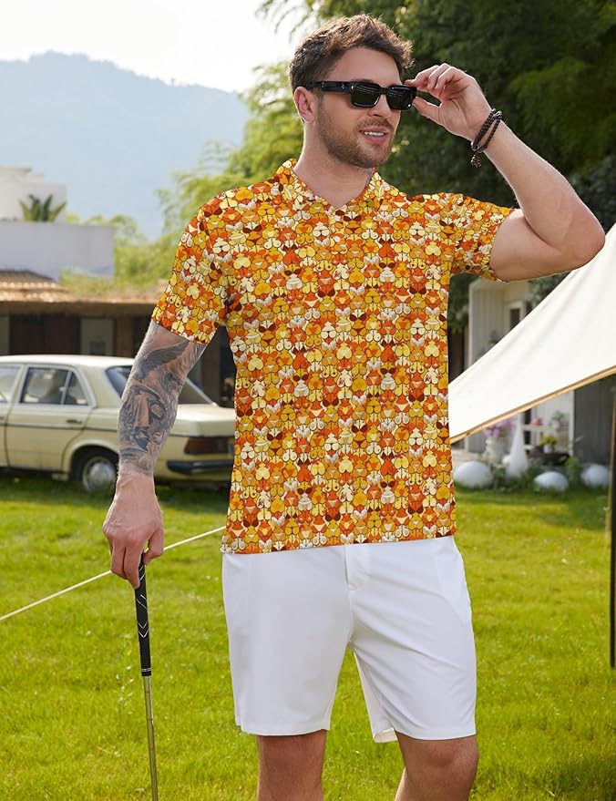 HUURAY Funny Golf Polos for Men Funny Print Short Sleeve Shirts Quick Dry Polo Shirts Hawaiian Shirt Performance Golf Outfits