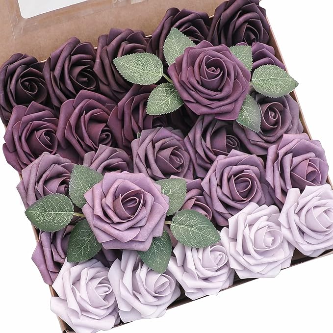 Floroom Artificial Flowers 25pcs Real Looking Plum Ombre Colors Foam Fake Roses by Floroom
