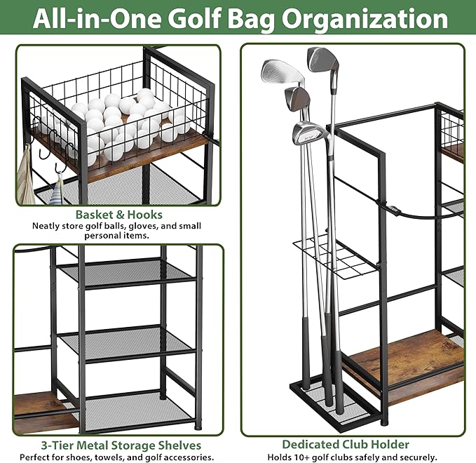 Golf Bag Organizer for Golf Accessories for Men, Golf Bag Stand with Extra Storage Rack for Clubs, Golf Bag Holder for Golf Storage Fits 1 Bag, Garage, Home or Club Use, Golf Gifts for Dad
