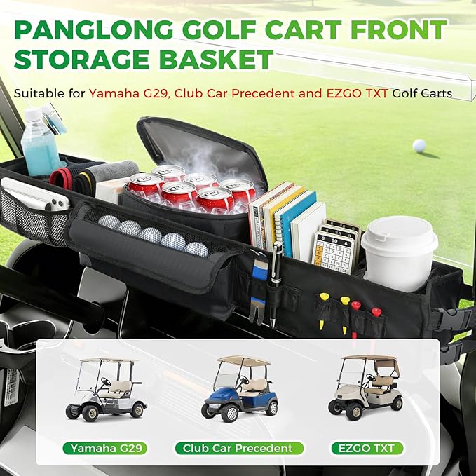 Panglong No-Drilling Golf Cart Front Storage Basket with Detach Cooling Compartment, Multi-Function Storage and Anti-Slip Buckle Strap, Fits Yamaha G29, Club Car Precedent and EZGO TXT Golf Cart