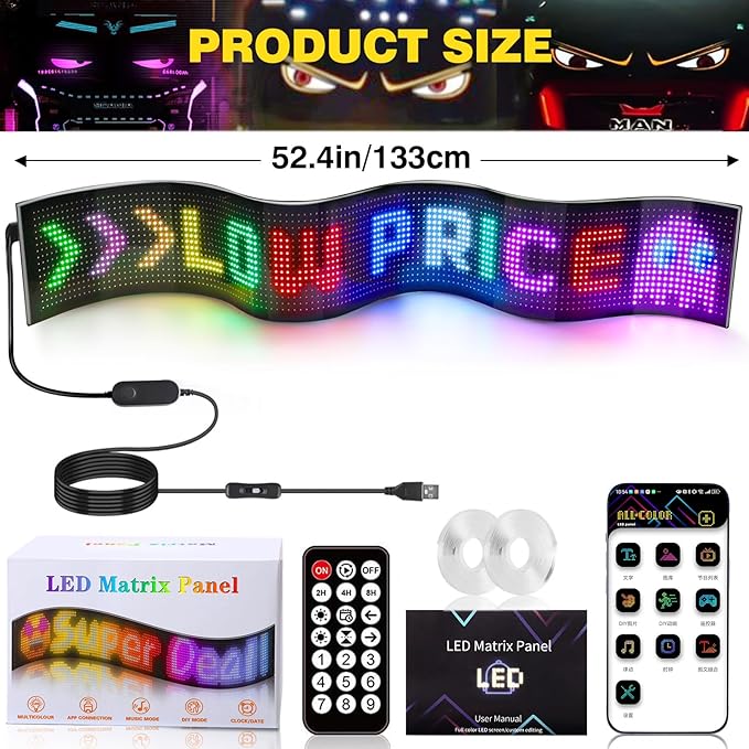 1 Piece 52x7.6in Extra-Large Devil Eyes Light for Truck Windshield, Flex LED Display for Car Eyes, Programmable Soft Screen Dynamic Car Eyes Easter St. Patrick's Day Shamrock Bunny Decor
