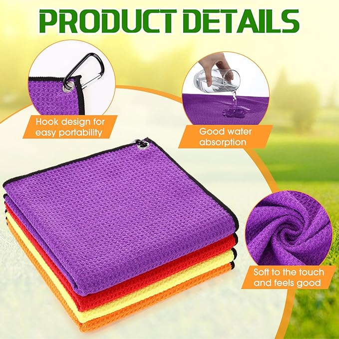 Batiyeer Golf Towel Bulk for Golf Bags 16'' x 16'' Microfiber Fabric Towel with Clip Waffle Pattern, Fitness, Camping, Hiking, Yoga
