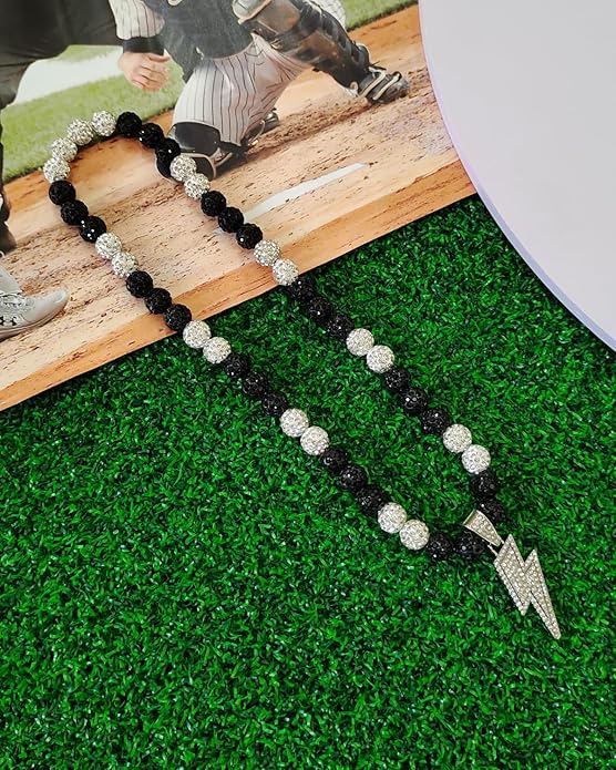 Baseball Necklace for Men 16/18/20 Inch Bling Ice Collection Lightning Bolt Pendant Necklace for Women Rhinestone Clay Beaded Discoball Accessories Gifts for Baseball Team Players Lovers