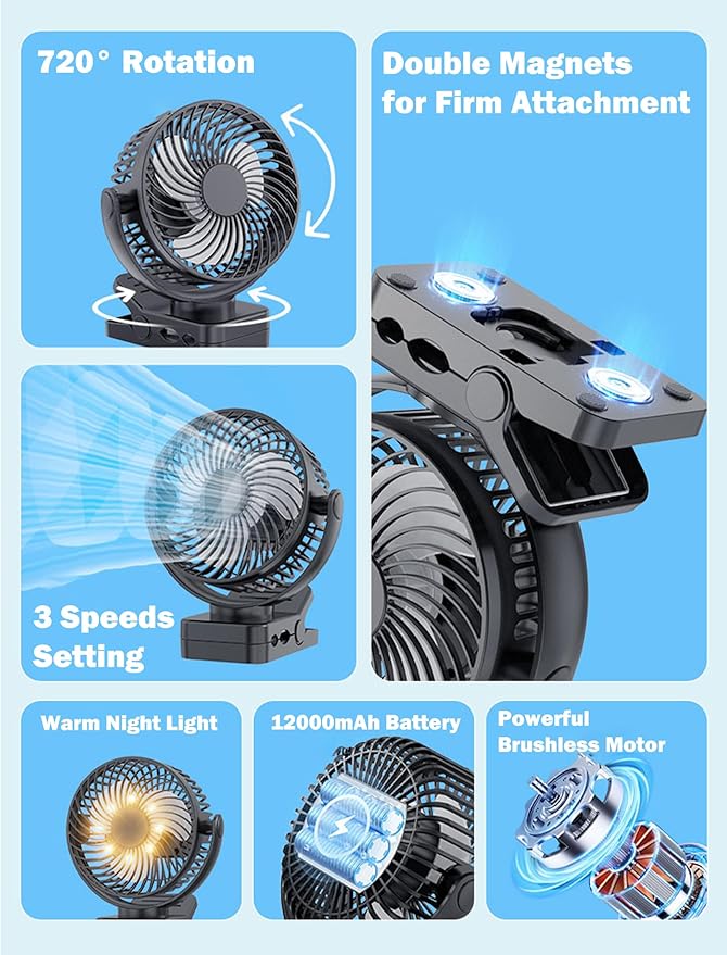 Magnetic Clip on Fan for Golf Cart, 12000mAH Battery Operated Portable Fan with 3 Speeds, LED Lantern, Magnetic Base, Suitable for EZGO Club Car Yamaha, Golf Cart & Cruise Ship Accessories