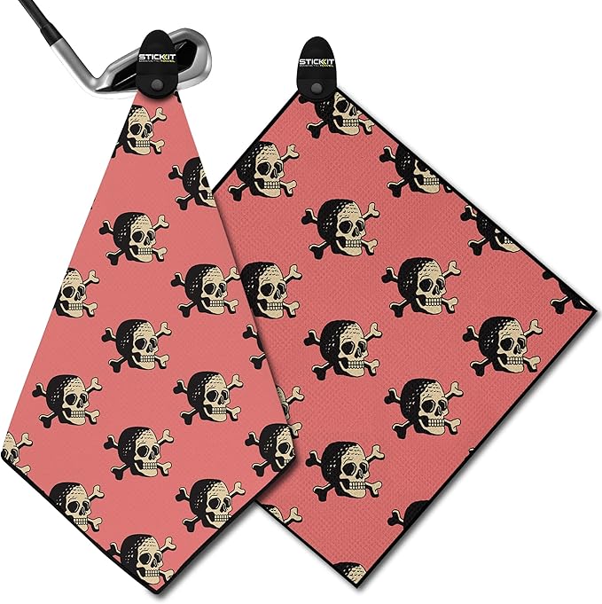 STICKIT Magnetic Golf Towel - Ultra-Absorbent with Waffle Weave Microfiber - Golf Towel with Magnet for Bags, Clubs & Carts - Removes Dirt, Grass, & Debris from Club Face - 29” x 29” (Pink Skulls)