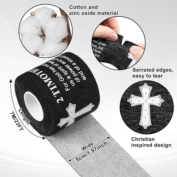 MiniInflat 2 Pcs Christian Cross Athletic Tape Sports Tape 2in x 23ft Religion Jesus Wrist Wrap for Soccer Football Baseball, Gift for Graduation Teacher Nurses Week Pentecost(Black,2 Timothy 1:7)