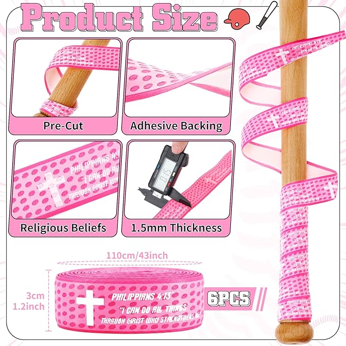 Sotiff 6 Pcs 43 Inch Cross Baseball Bat Grip Tapes 1.5 mm Precut and Full Adhesive Bat Tape for Softball Non Slip Religious Baseball Grip Tapes for Sports