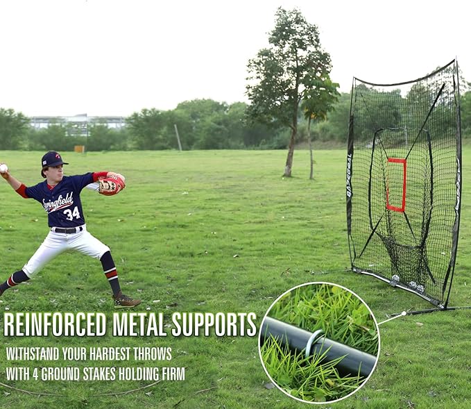 BaseGoal 7'×7' Baseball Softball Practice Net,Baseball Backstop,with Batting Tee,for Hitting Pitching Batting Catching with Bow Frame,Bonus Strike Zone