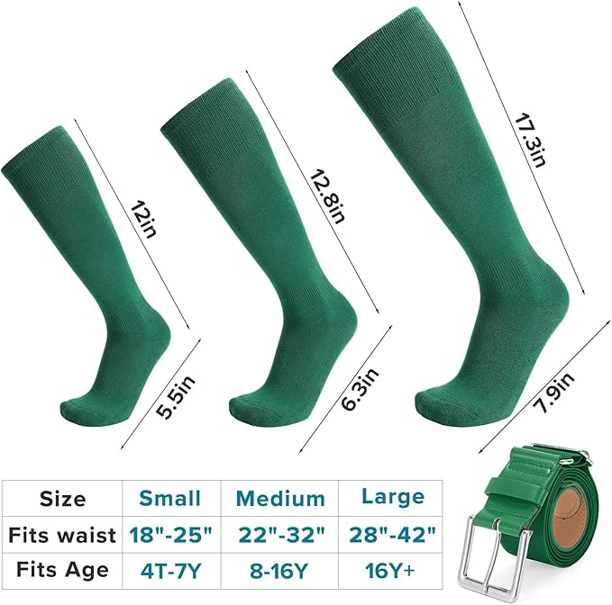 Baseball Socks and Belt Combo for Youth Adult - Softball Sock and Belt for Boys and Girls (2 Pairs of Socks & 1 Belt)