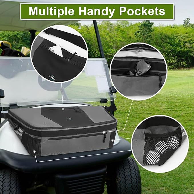 Golf Cart Cooler Bag, Insulated Fits 20-30 11oz Cans, Reflective Finish with Handy Pockets, Golf Cart Accessories Compatible with EZGO, Club Car Kandi Electric Golf Carts