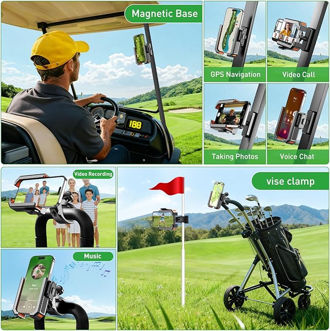 2-in-1 Golf Cart Phone Holder Mount [magnetic base&vise clamp] Compatible with All 4.5-7" Smartphones (iPhone/Galaxy/Google).Universal Fit for Golf Accessories,EZGO/Club Cars/Yamaha/Golf Cart
