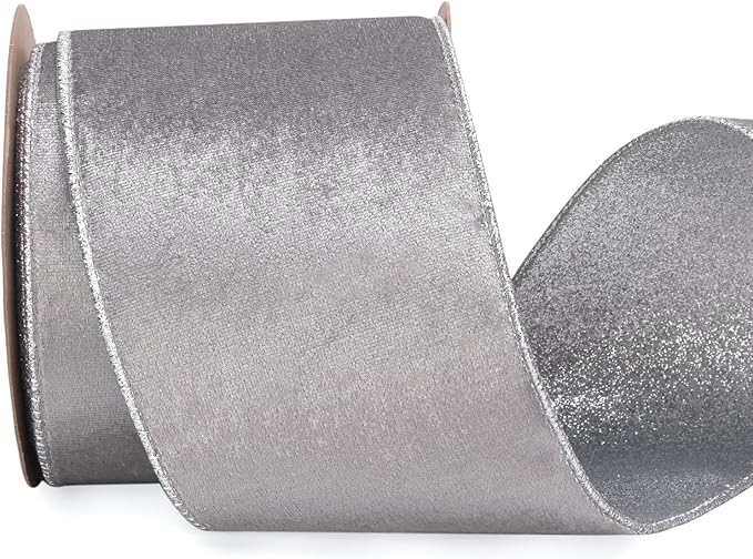 Ribbli Velvet Wired Ribbon 4 Inch Silver Velvet by Ribbli