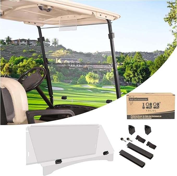 10L0L Golf Cart Folding Windshield for Yamaha G29/Drive 2007-2016 Gas & Electric, 4mm Clear Polycarbonate Windshield, Fold-Down Design with Heavy-Duty Hinges, UV & Impact Resistant, No-Drill Install