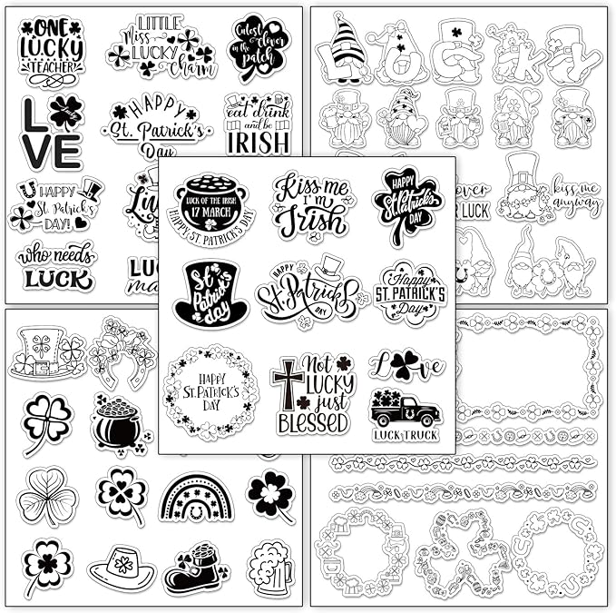 Whaline 5 Sheet St. Patrick's Day Clear Stamps Wreath Shamrock Lucky Words by Whaline