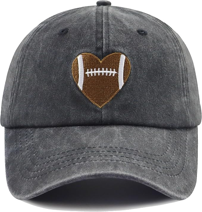 Football Heart Hat for Men Women, Adjustable Cotton Embroidered Heart Football Baseball Cap