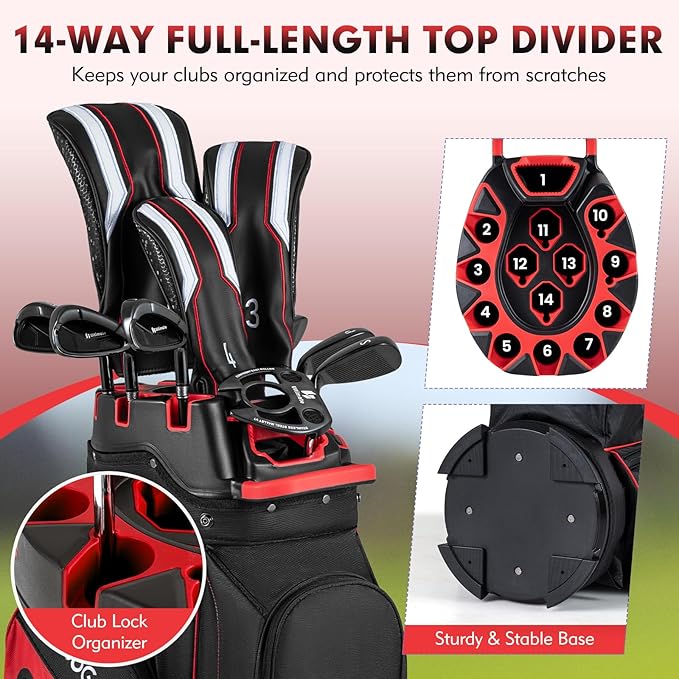 Tangkula Golf Cart Bag with 14-Way Full Length Dividers, 6 Molded Lock Top Golf Club Bag with 11 Pockets, Cooler Bag, Padded Strap, Handles, Umbrella Holder & Rain Hood