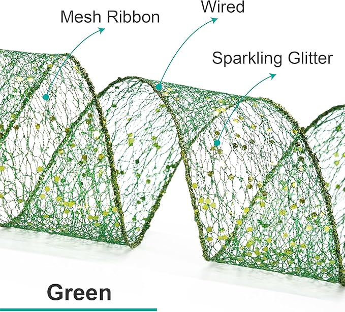 CT CRAFT LLC Sparkling Glitter Mesh Wired Ribbon 6" x 10 Yards Green - Image 3