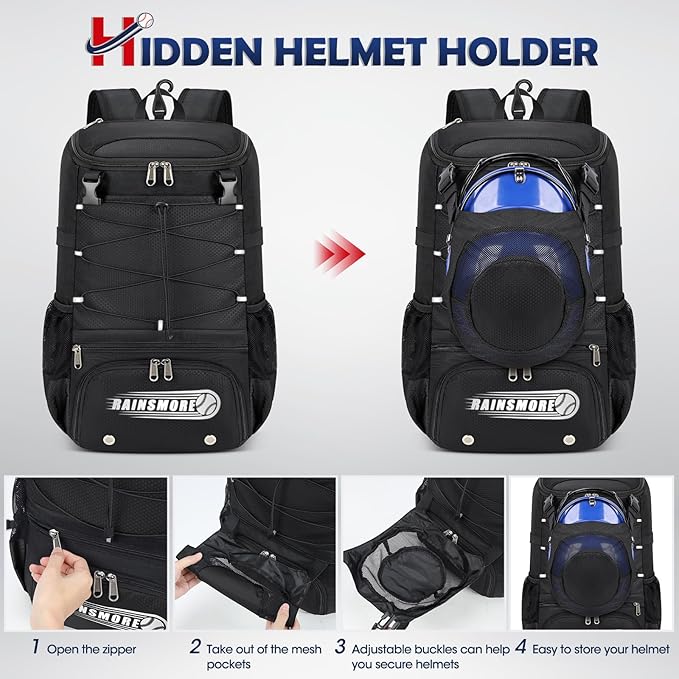 RAINSMORE Baseball Bag for Youth & Adult Lightweight Softball Bat Bag with Shoe Compartment, External Helmet Holder and Fence Hook Waterproof Baseball Backpack Hold T-Ball, Bat and Softball Equipment