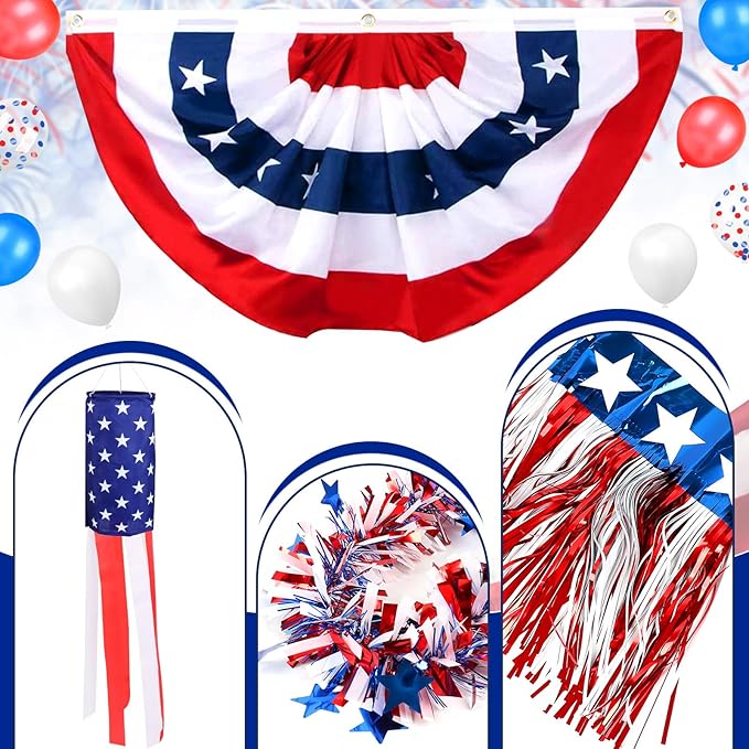 Tryly 4th of July Golf Cart Decorations Kit, Patriotic Parade Golf Cart Decor - Foil Fringe Garland, Pleated Fan Flag, Flag Windsock,Tinsel Garland, for Independence Day Memorial Day (Dependence)