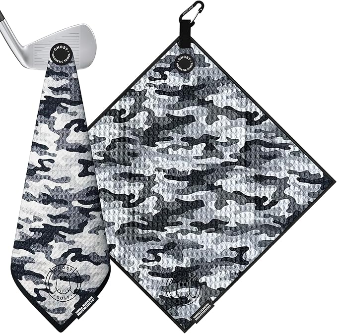 Ghost Golf Magnetic Towel (Greenside) - Premium Ultra-Absorbent Microfiber Golf Towel with Magnet for Golf Carts or Clubs - 18" x 18" Golfing Gear - Waffle Weave Pattern (Snow Camo)