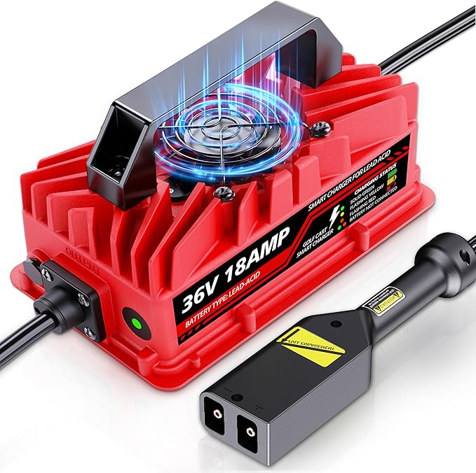 18 Amp 36 Volt Golf Cart Battery Charger for EZGO TXT - D-Style Plug, Smart Charger for Lead-Acid Batteries, IP67 Waterproof, Multi-Protection, Unique Design (Red)