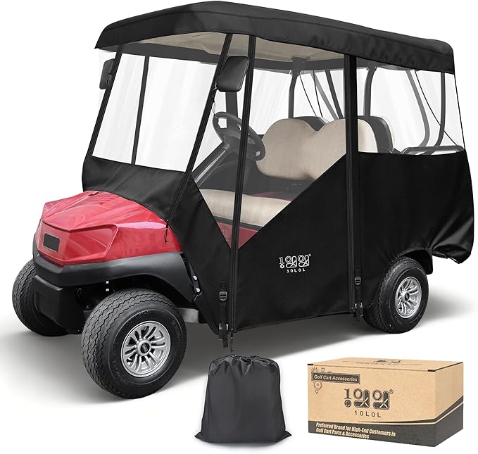 10L0L 2/4/8 Passenger Golf Cart Enclosure for Club Car Precedent/Tempo/Onward, 600D Waterproof Golf Cart Rain Cover, Driving Enclosure with 4-Sided Clear Windows Roll-up Door Black -Roof 58"-141"