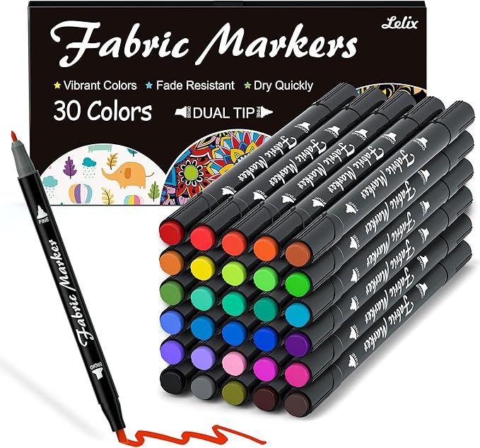 Lelix Fabric Markers, 30 Permanent Colors Dual Tip Fabric Pens by EnjoySilkyWritingwithLelix