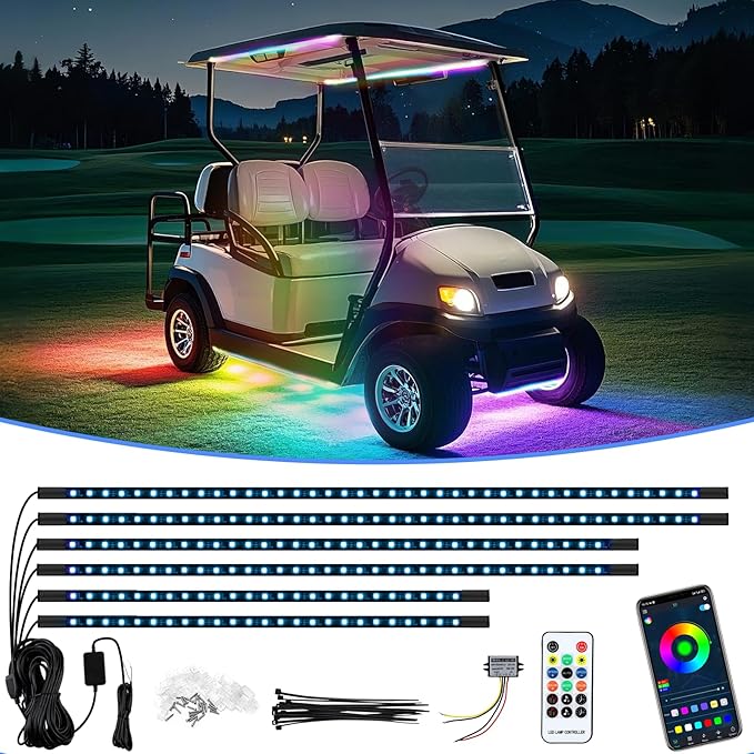 Golf Cart Underbody and Canopy LED Lights 6Pcs, 12V - 80V Input Golf Cart Underglow Light Kit Bluetooth APP Control for EZGO Club Car Yamaha, Music Mic Sync Modes (Included Voltage Reducer)