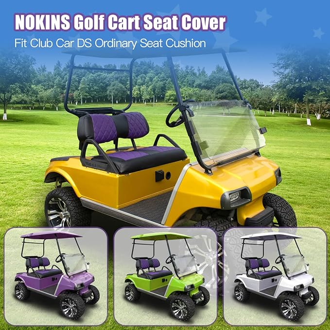 NOKINS Golf Cart Club Car DS 2000.5-Up Diamond Seat Covers Kit, Fits Club Car DS OEM Standard Front Seat Cushion, Golf Cart Vinyl Seat Cover, No Nails Required (Purple and Black)