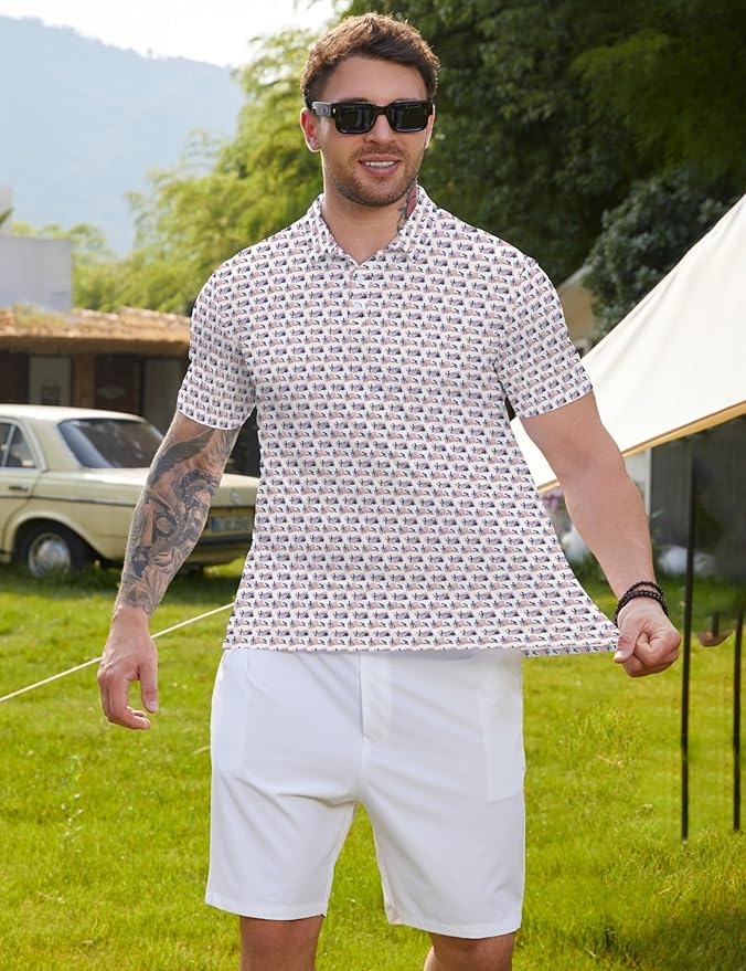 HUURAY Funny Golf Polos for Men Funny Print Short Sleeve Shirts Quick Dry Polo Shirts Hawaiian Shirt Performance Golf Outfits