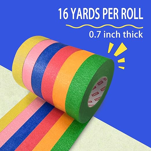 SWRT Colored Masking Tape 6-Pack, 0.7 Inch x 16 Yards Each Roll Rainbow - Image 2