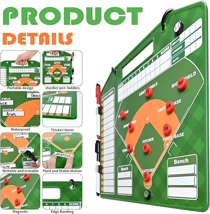 Magnetic Baseball Lineup Board for Dugout with Reinforced Edges - Double-Sided Dry Erase Coaching Clipboard, 30 Lineup Card/ 24 Pawns/2 Marker/2 Hook