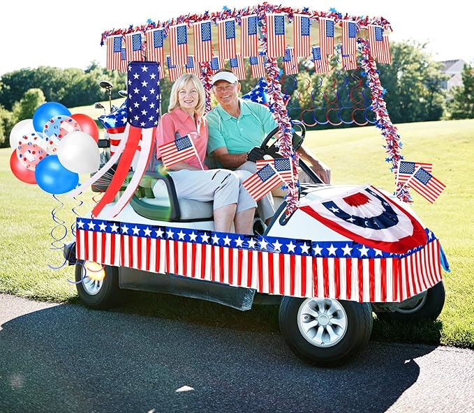 Tryly 4th of July Golf Cart Decorations Kit, Patriotic Parade Golf Cart Decor - Foil Fringe Garland, Pleated Fan Flag, Flag Windsock,Tinsel Garland, for Independence Day Memorial Day (Dependence)