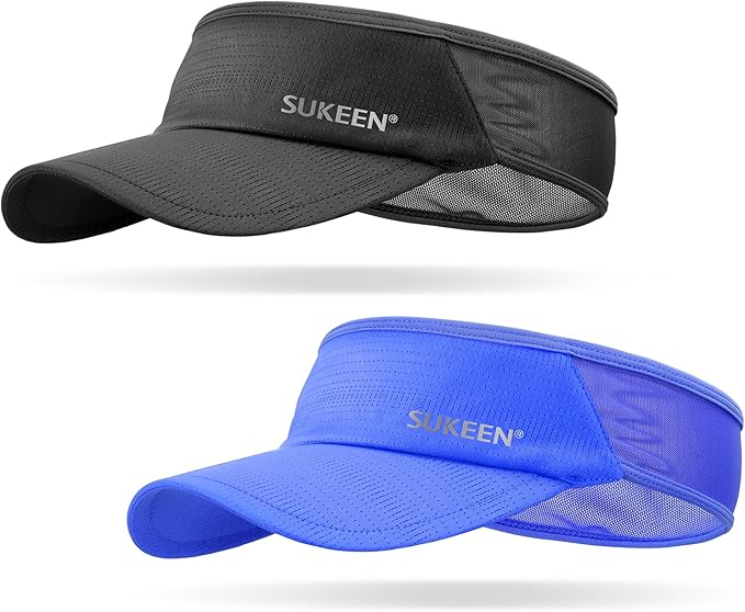 Sukeen 2 Pack Sports Sun Visor Men Women Lightweight Packable Cooling Stretchy Visor Hat for Running, Tennis, Golf