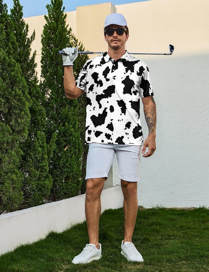 HUURAY Funny Golf Polos for Men Funny Print Short Sleeve Shirts Quick Dry Polo Shirts Hawaiian Shirt Performance Golf Outfits