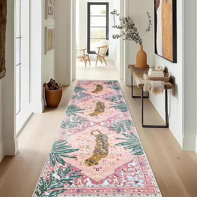 Oriental Tropical Kitchen Runner Rug 2x5 Washable, Thin Stain Resistant Pink - Image 2