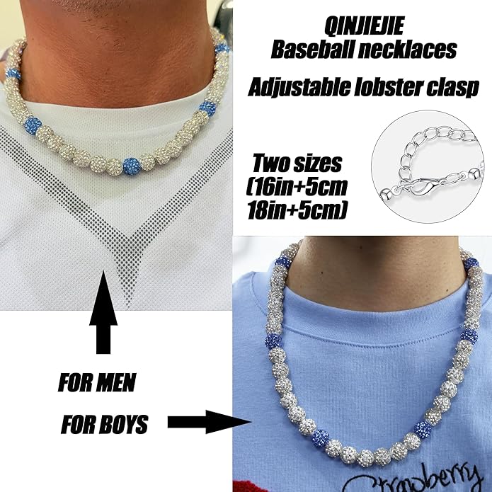 QINJIEJIE Baseball Necklace for Men Glitter Bling Rhinestone Beaded Collection Necklace for Women 16/18in Inspired Sports Jewelry Baseball Chain Cool Gifts for Baseball Players Team Lovers