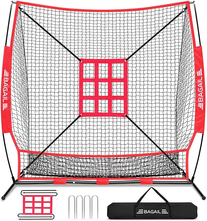 BAGAIL 7x7 ft Baseball & Softball Practice Net with Bow Frame for Batting, Hitting, Pitching, Portable Baseball Throwing Net with Strike Zone, Carry Bag, Baseball Training Aid for All Levels