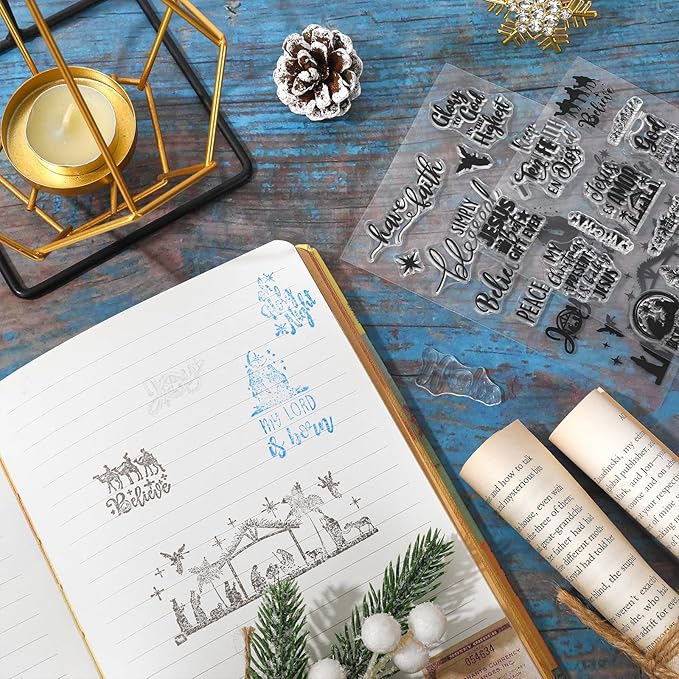 Whaline 4 Sheets Christmas Clear Stamps Greeting Words Nativity Scene Silicone - Image 5