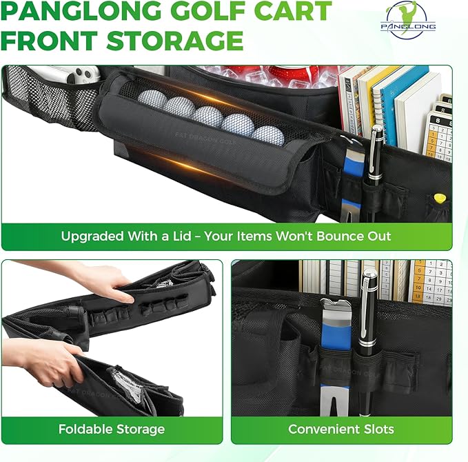 Panglong No-Drilling Golf Cart Front Storage Basket with Detach Cooling Compartment, Multi-Function Storage and Anti-Slip Buckle Strap, Fits Yamaha G29, Club Car Precedent and EZGO TXT Golf Cart