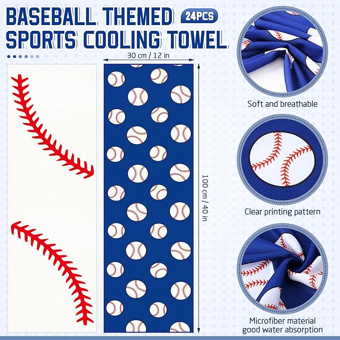 FuWeave 24 Pcs Sports Cooling Towels Baseball Basketball Softball 40 x 12 Inch Breathable Soccer Football Volleyball Microfiber Ice Towel Fast Drying for Sport Party Favors Team Gift(Blue,Baseball)