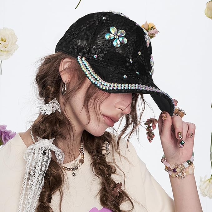 Hoce Fashion Rhinestone Denim Baseball Cap Studded Bling Hat for Women