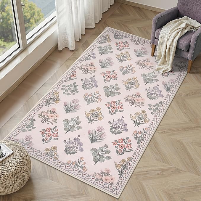 Wonnitar Boho Floral 3x5 Washable Rug, Ultra-Thin Pink Small Rugs - Image 7